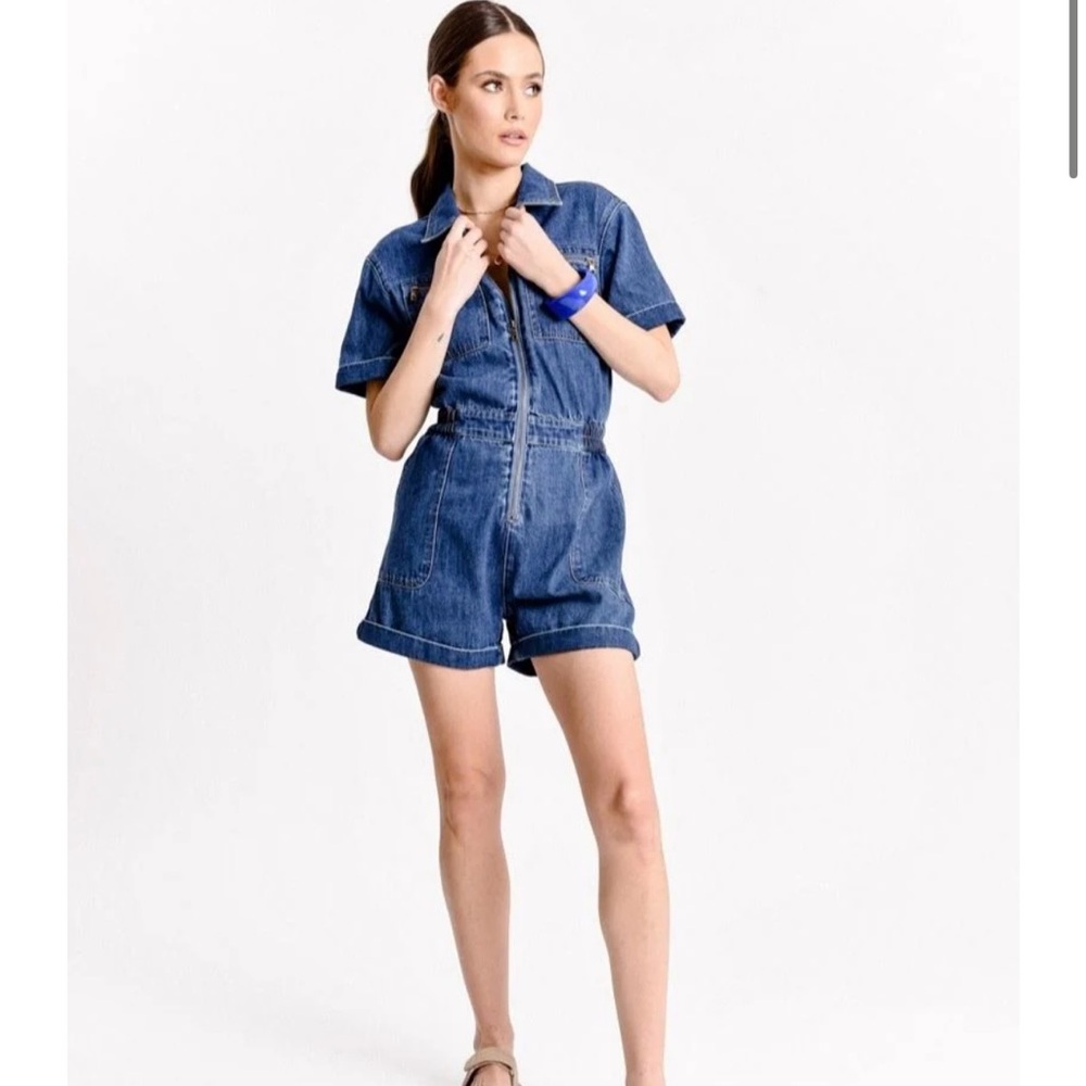 Molly Bracken Denim Short-Sleeve Romper in Blue